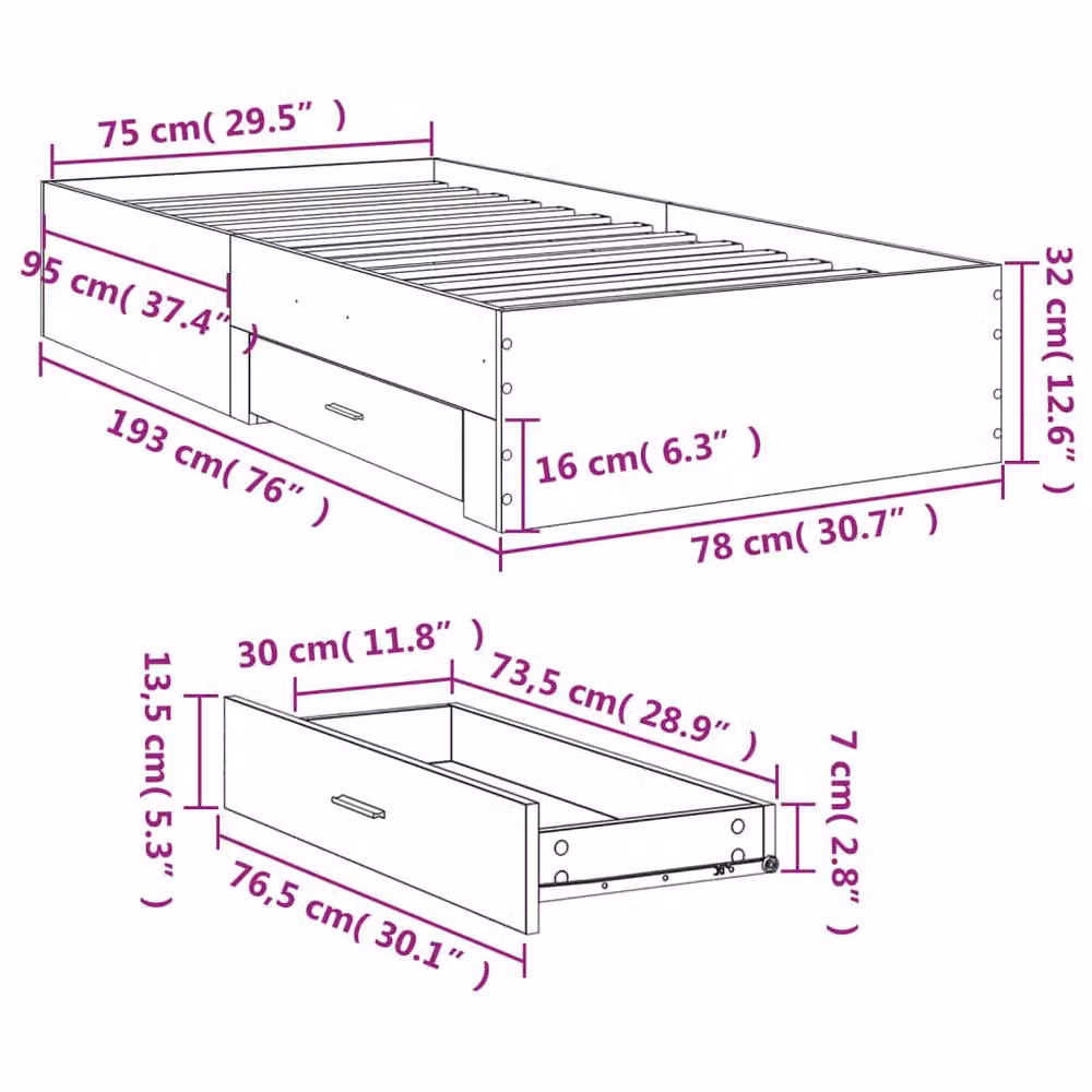 Berkfield Home Small Single Bed Frame with Drawers, Grey Sonoma – 3