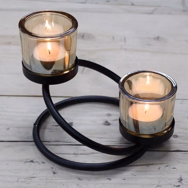 KDMK Double Step Iron Votive Candle Holder with Glass Cups in Grey and Black
