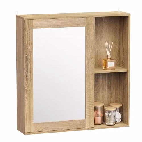 VonHaus Chester Wall Mounted Bathroom Mirror Cabinet in Brown Rustic Wood Effect with Internal Shelves, W/D/H: 56 x 13 x 58 cm
