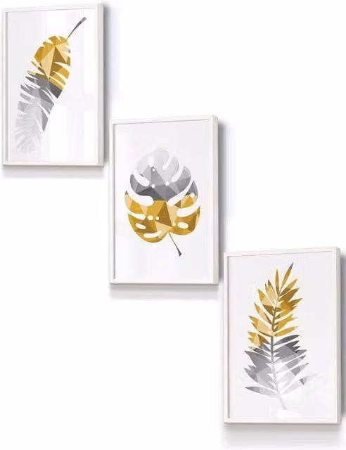 ARTZE Geometric Tropical Leaves Framed Wall Art in Yellow, Grey and White, W: 33 cm, H: 45 cm, D: 2 cm