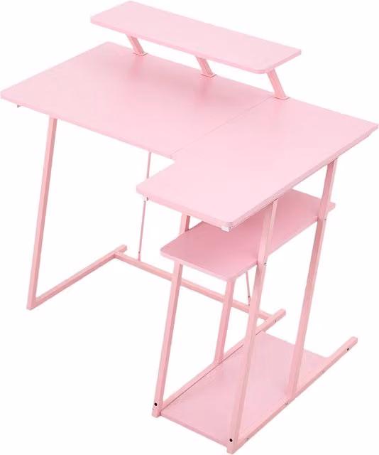 Livingandhome Pink L-shaped Gaming Desk with Monitor Stand and Headphone Hook