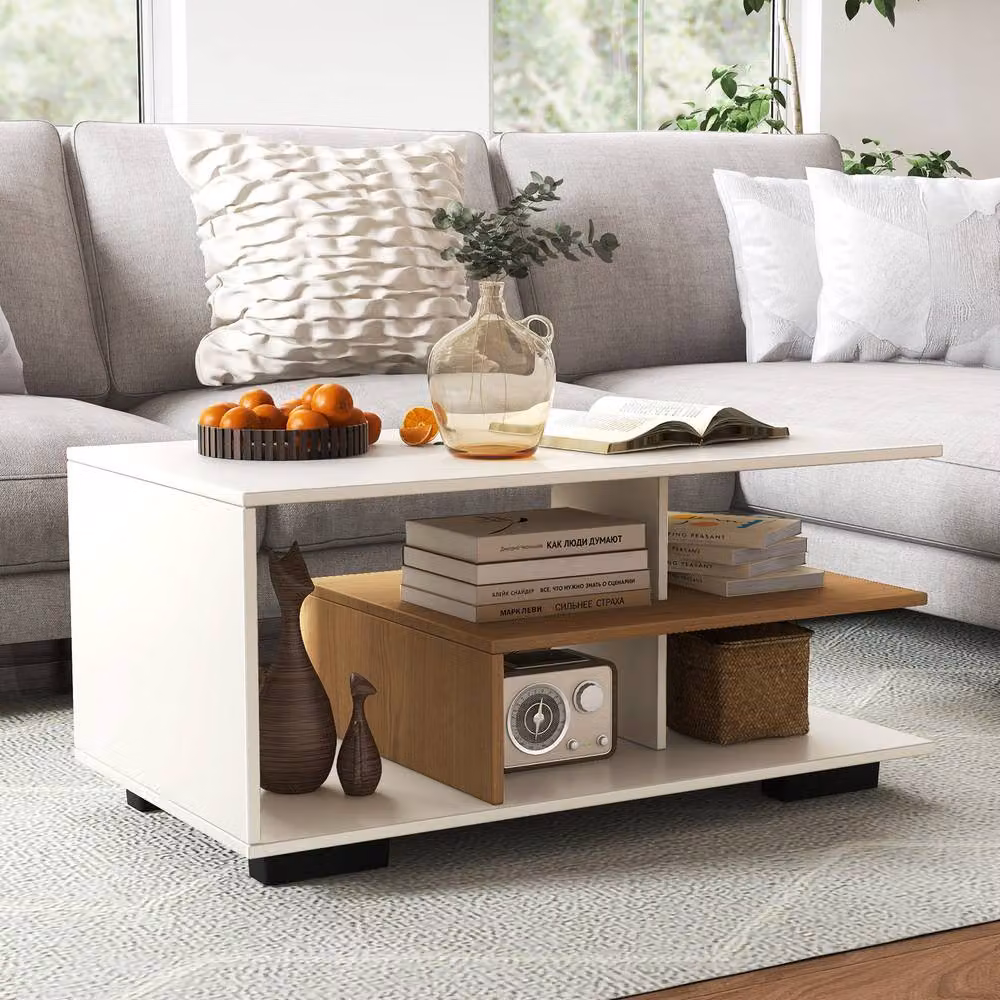 Costway Modern Rectangular Wooden Coffee Table with L-shaped Middle Shelf in White – 2