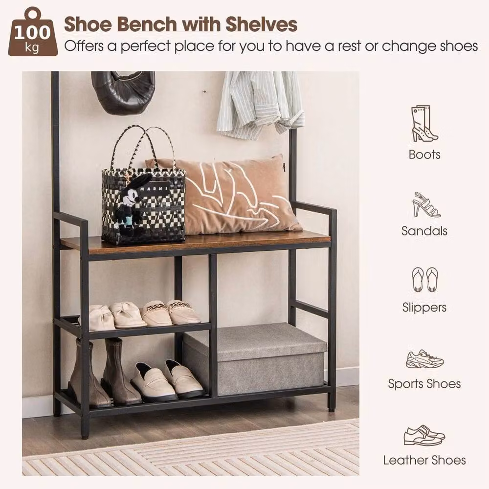 FORGEVIO 3-in-1 Industrial Hall Tree with Bench and 9 Removable Hooks, Brown – 4