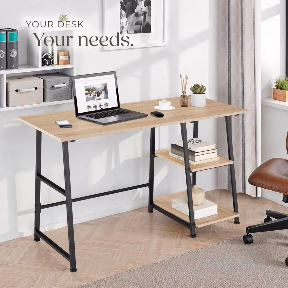 tectake Paisley Desk with Trapezoidal Frame and Shelf with 2 Storage Compartments in Light Oak – 5