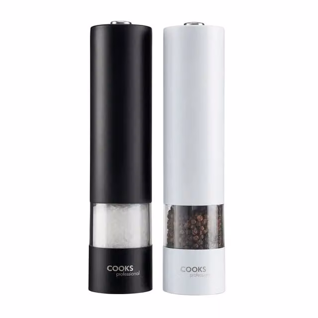 Cooks Professional Electric Salt and Pepper Mill Set, Stainless Steel Battery Operated Automatic Grinders in Black and White – 2