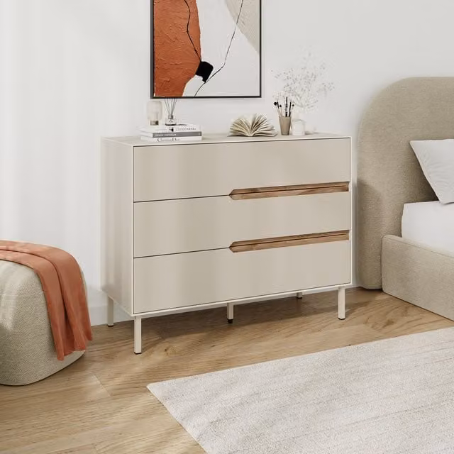 Decortie Arch Three Drawer Chest of Drawers in Sandstone and Whiskey Oak