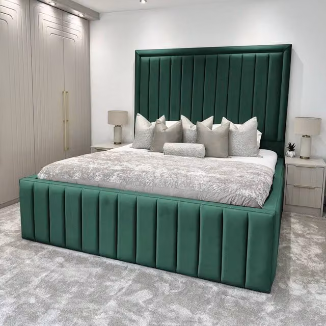 UK Bed Furniture Hampton Gas Lift Ottoman Storage Bed with 54 Inch Panel Headboard in Green Velvet, W/D/H: 90 x 190 cm