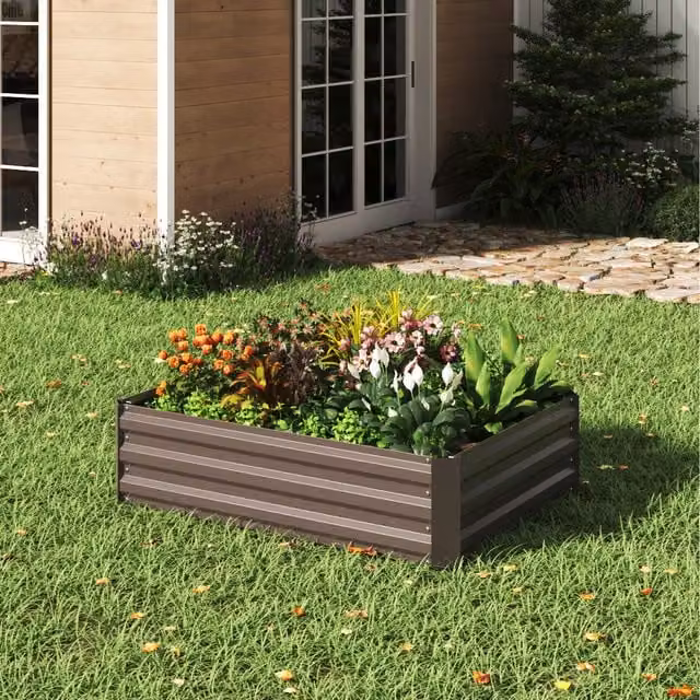 Livingandhome Brown Metal Corten Raised Garden Bed for Herbs and Vegetables