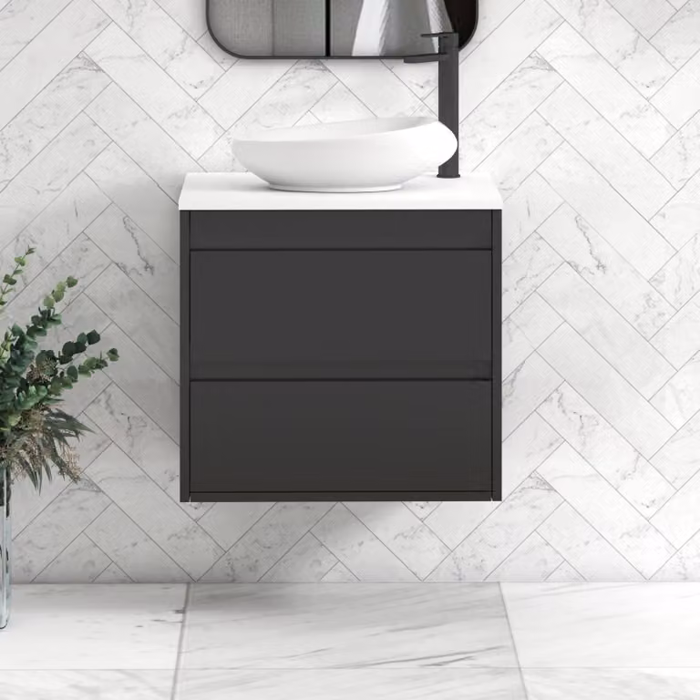 Royal Bathrooms Orion 600mm Wall Hung Vanity Unit with Nova Basin and 2 Drawers in Matt Obsidian Black and White with Black Accent Trim