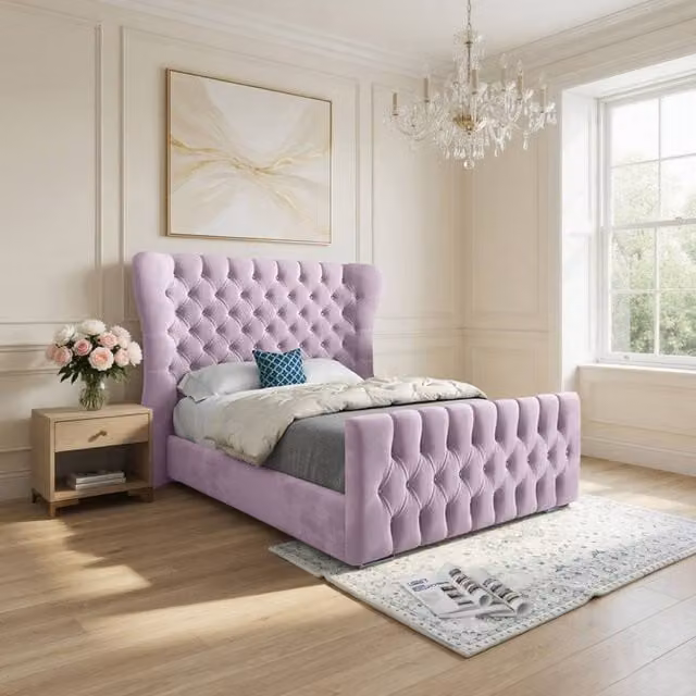 KDMD Zelah Wide Curved Designer Bed Frame in Pink and Purple Soft Velvet, Size: Single (90 x 200 cm)