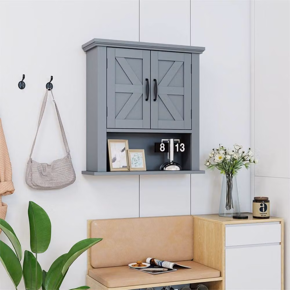 Kelvenix Farmhouse Wall Mounted Grey Bathroom and Kitchen Cabinet with Hinged Doors and Internal Shelves – 3