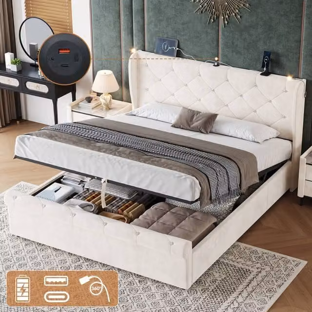 BTM Grey Velvet Ottoman Storage Bed with USB Charging Port and Integrated Reading Light, W/D/H: 140 x 200 x 145 cm