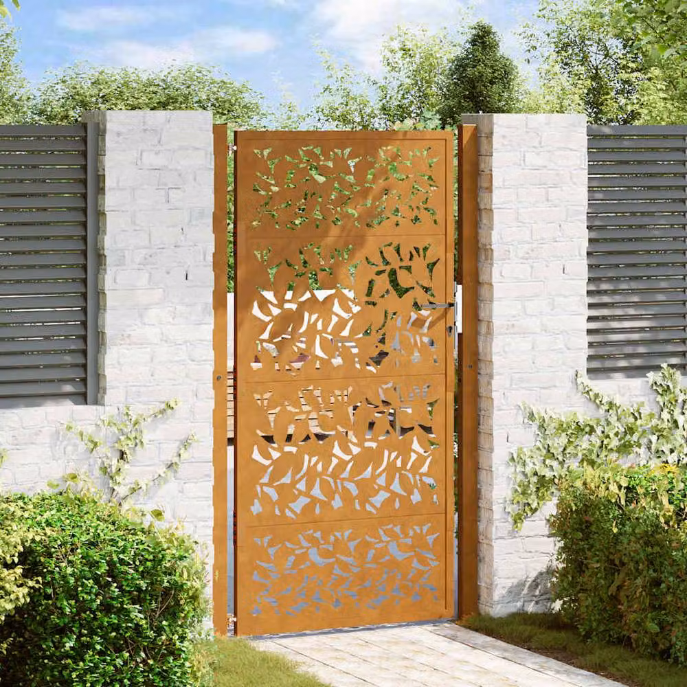 Berkfield Home Beautiful Garden Gate in Brown Weathering Steel with Leaf Design, W: 105 cm, H: 180 cm – 1