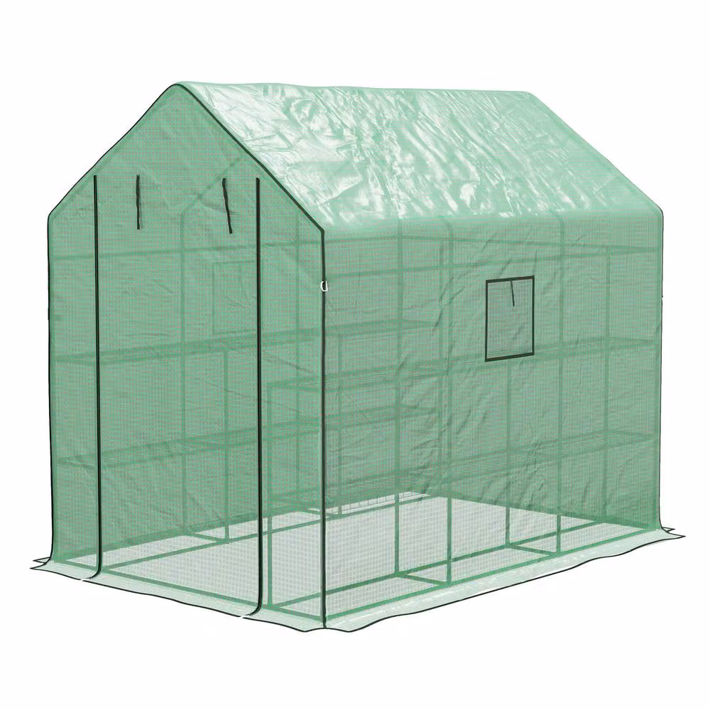 STILVORA Green Walk-in Greenhouse with 12 Shelves and Roll-up Door, H 213 x W 140 x D 190 cm – 4