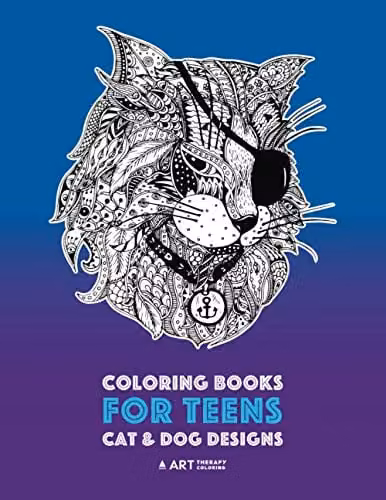 Art Therapy Coloring Book for Teens with Detailed Cat and Dog Zendoodle Animal Designs in Multicolour