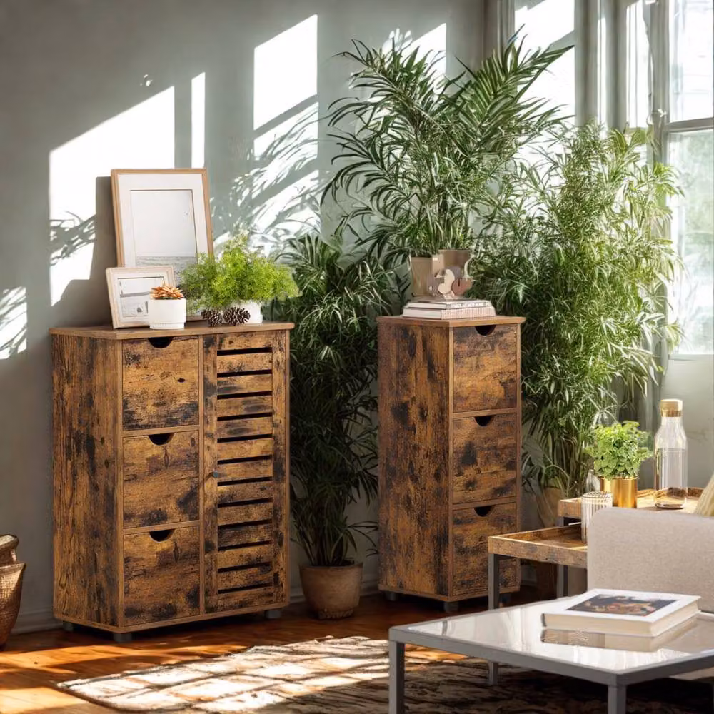 Pirlo Plush Brown Vintage Bathroom Floor Cabinet with 3 Drawers and Hinged Doors – 2