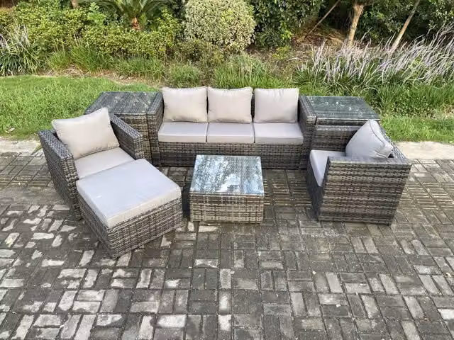 Fimous 7 Piece Rattan Garden Furniture Set in Dark Grey with Armchairs, Coffee Table and Side Tables