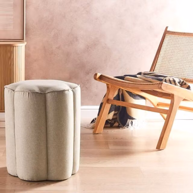 Wyld and Coco Beige Faux Linen Round Pouffe Cylindrical Footstool and Extra Seat with Rubberwood Frame, Diameter: 39 cm, Height: 34 cm