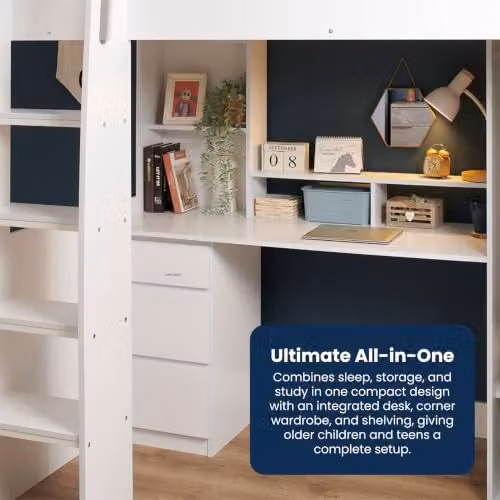 Flair Furnishings Harper High Sleeper Bed with Desk and Wardrobe, White, H 178 x W 90 x D 119 cm – 2