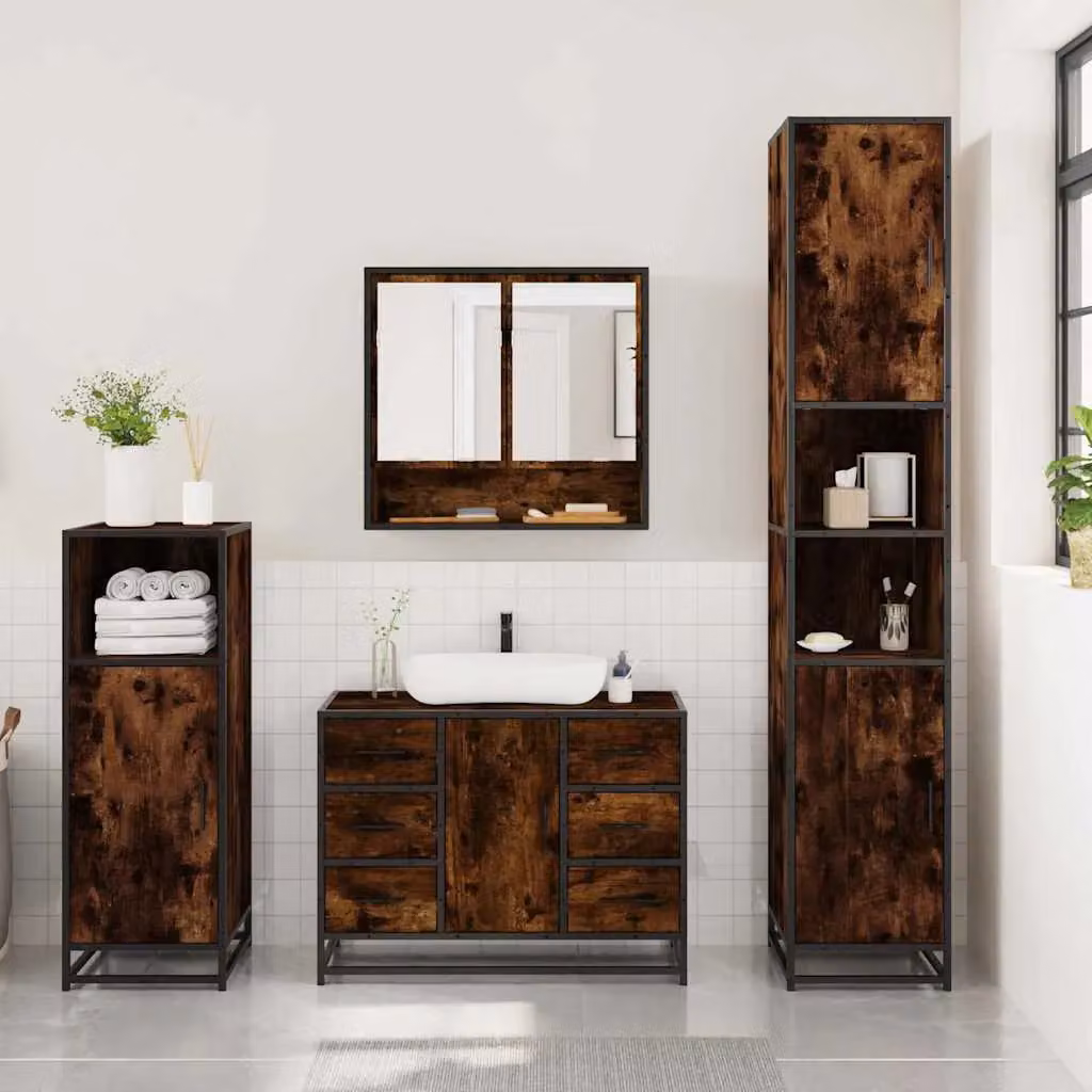 Berkfield Home 3 Piece Industrial Bathroom Furniture Set in Smoked Oak Brown – 3