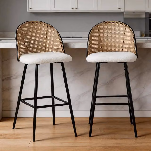 FURNITURE ONE Set of 2 Modern White Swivel Bar Stools with Rattan and Metal Design
