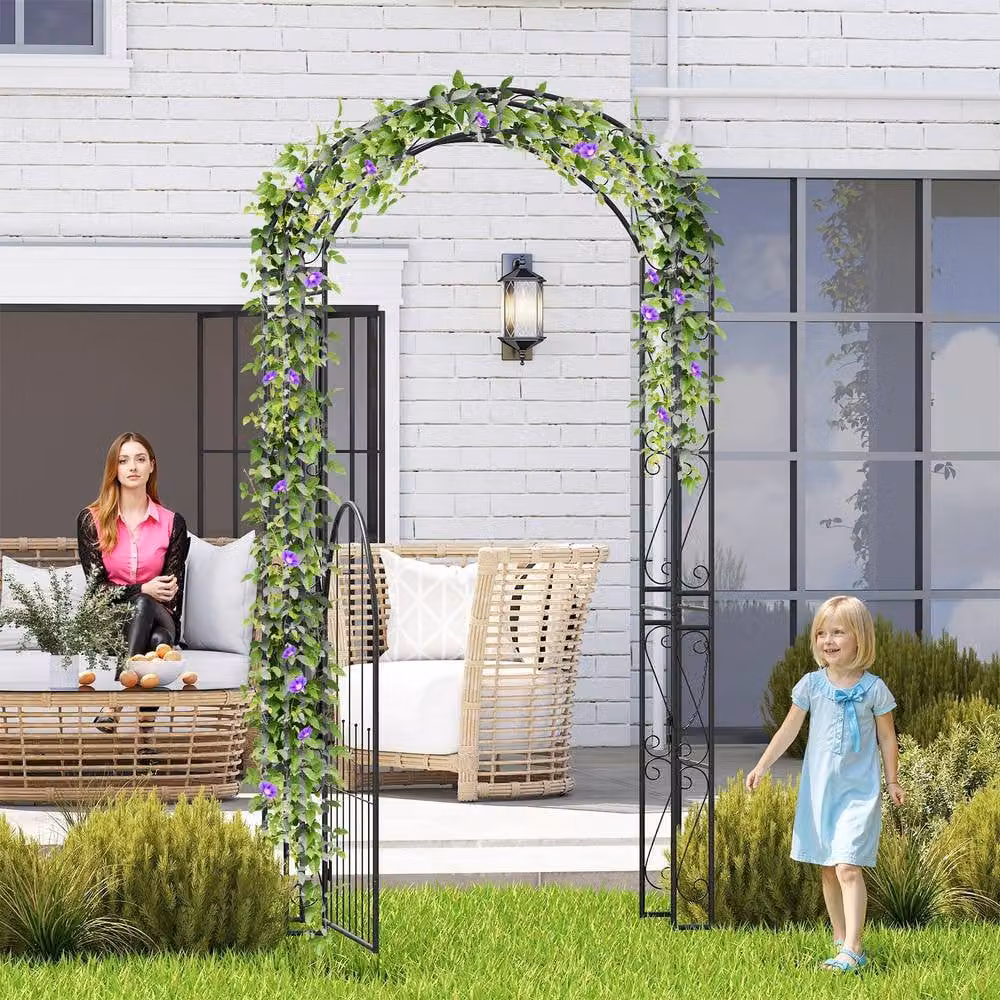 Costway Metal Garden Archway with Gate and Climbing Trellises, Black, Height: 214 cm – 6