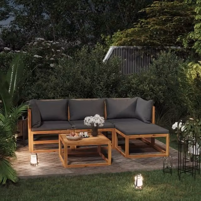 Berkfield Home 5 Piece L-Shape Garden Lounge Set with Cushions in Brown Solid Acacia Wood