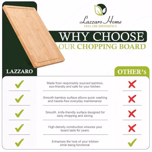 Lazzaro Brown Bamboo Chopping Board Set of 2, Reversible Rectangular Wooden Cutting Boards with Juice Groove, W: 38 cm, D: 25 cm, H: 2 cm – 5