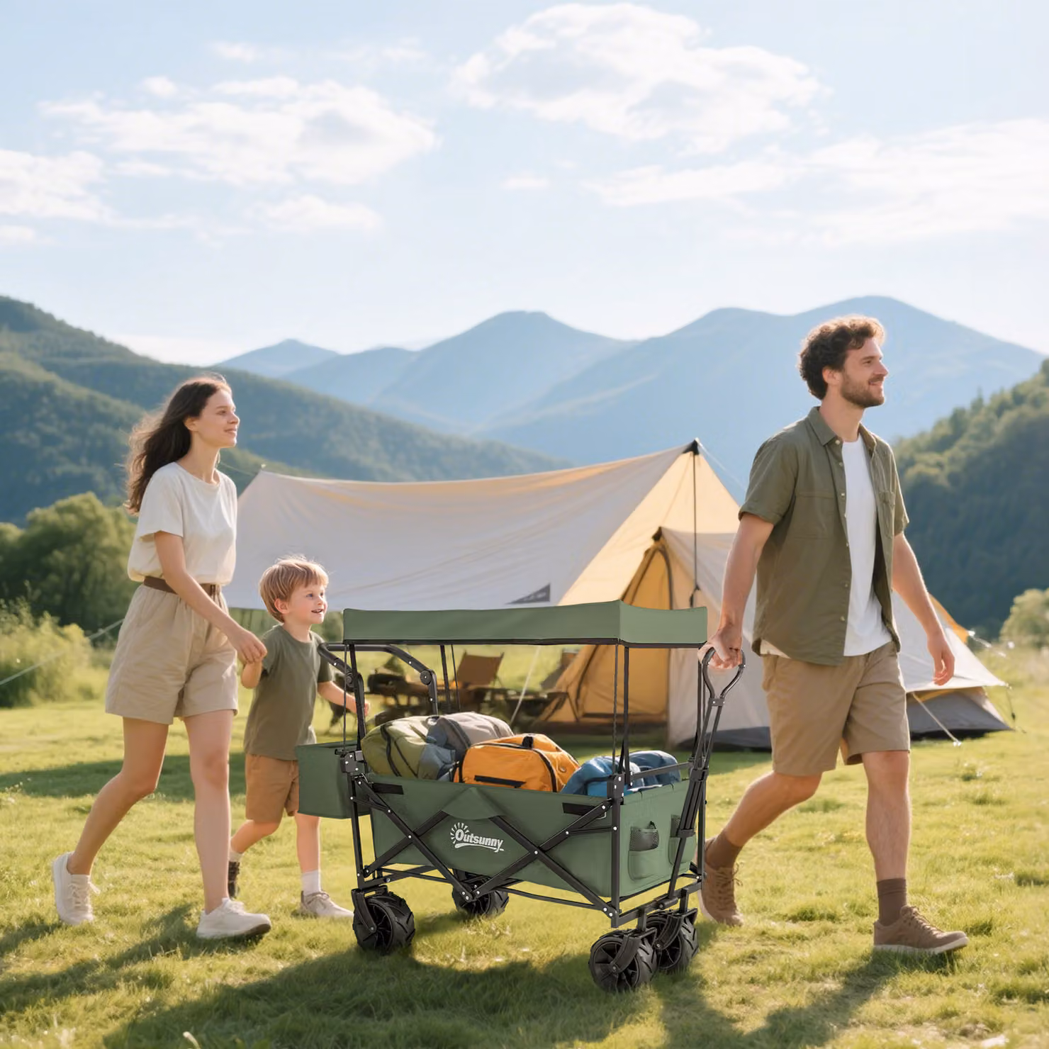 Outsunny Folding Trolley Storage Wagon with Overhead Canopy and 4 Wheels in Green – 2