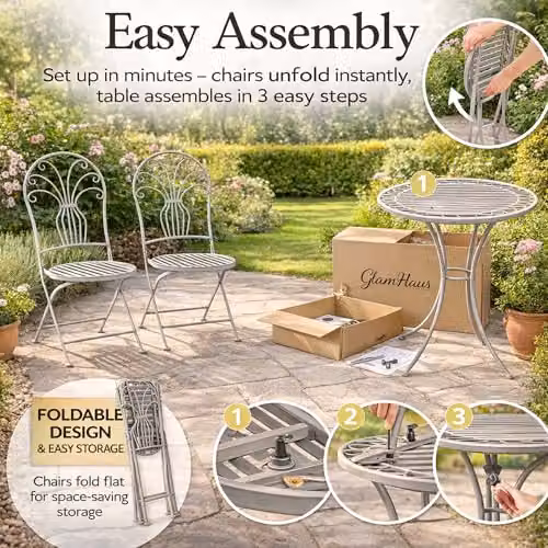 GlamHaus Salerno 3 Piece Folding Metal Bistro Set in Antique Grey for Garden, Balcony or Terrace – 2