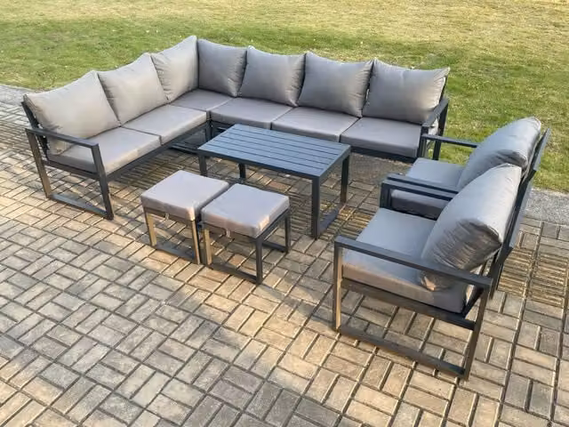 Fimous Aluminium Garden Furniture Set in Dark Grey with L-Shape Corner Sofa, 2 Chairs, Oblong Coffee Table and 2 Footstools