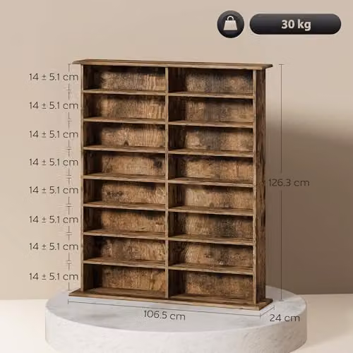 HOMCOM Rustic Brown Media Storage Unit with 12 Adjustable Shelves and Media Compartments for Living Room, Bedroom or Home Office, H 126.3 x W 106.5 x D 24.0 cm – 6