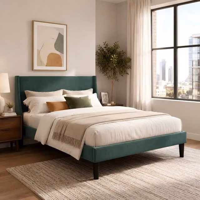 ModernLuxe Velvet Upholstered Double Bed with Winged Headboard in Green W/D/H: 140 x 200 x 96 cm