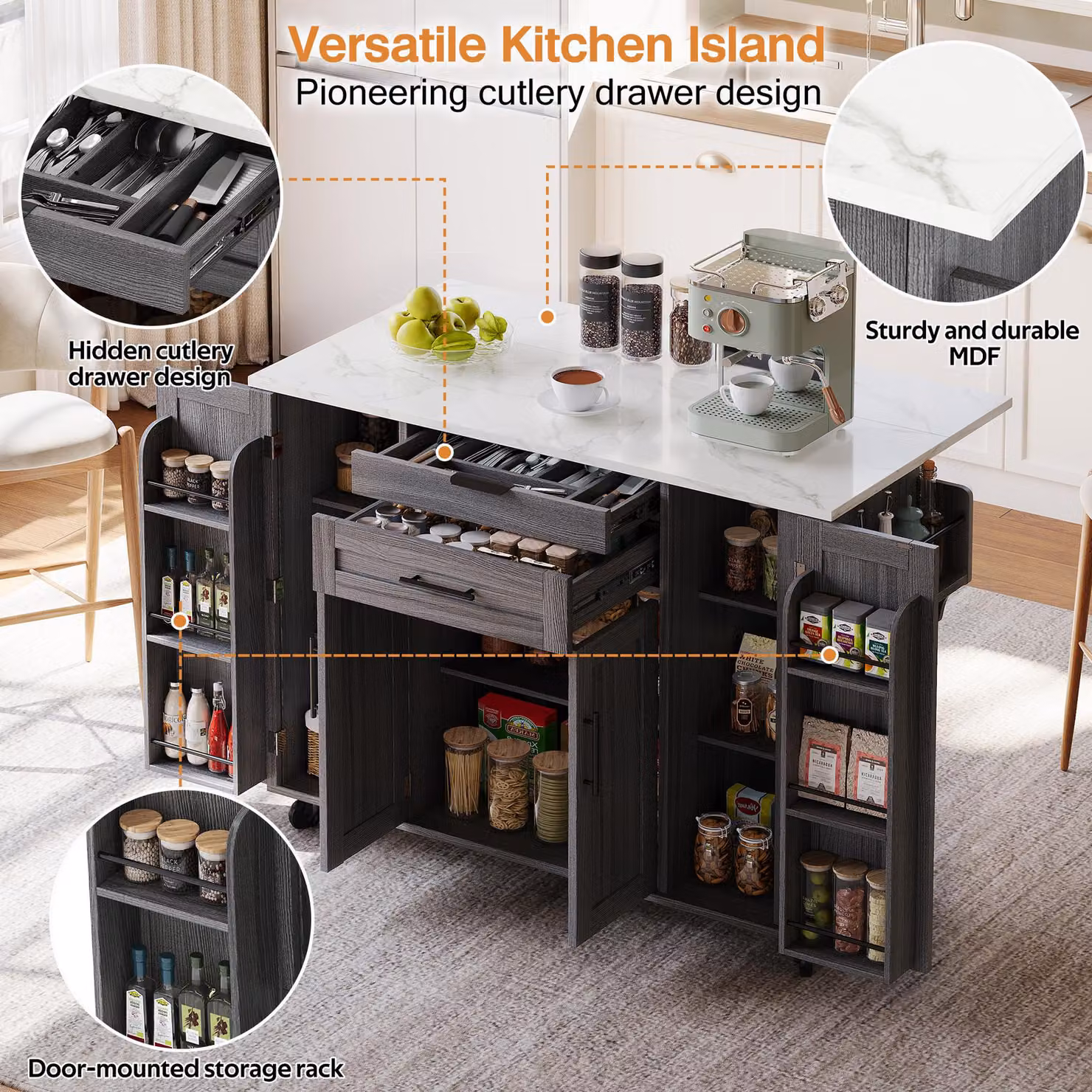 Aosom UK Grey Kitchen Trolley with Fold-Out Worktop and Lockable Castors, W/D/H: 70 x 136 x 92 cm – 4