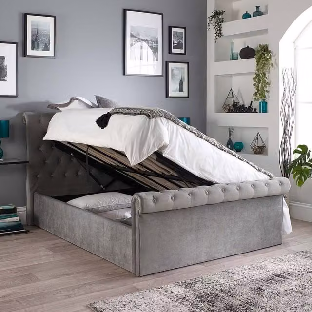 Aspire Chesterfield Ottoman Bed in Grey Silver Brushed Velvet Fabric, W/D/H: 200 x 200 cm – 1