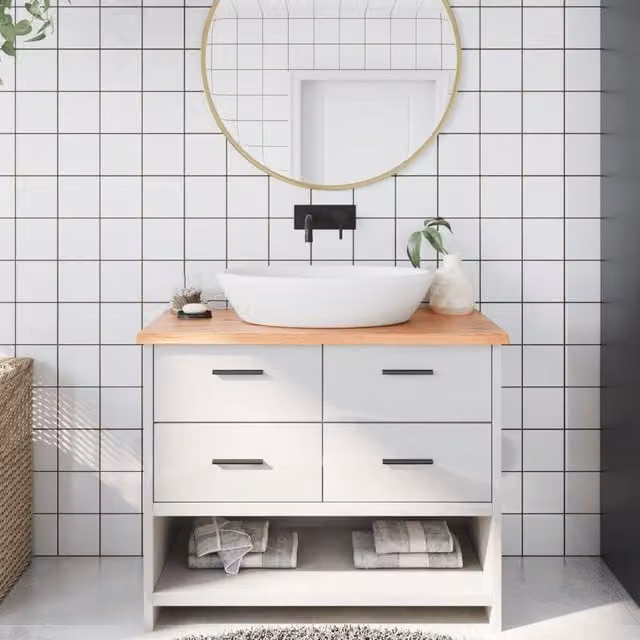 Berkfield Home Brown Treated Solid Wood Bathroom Countertop, W: 100 cm, D: 40 cm, H: 2 cm – 1