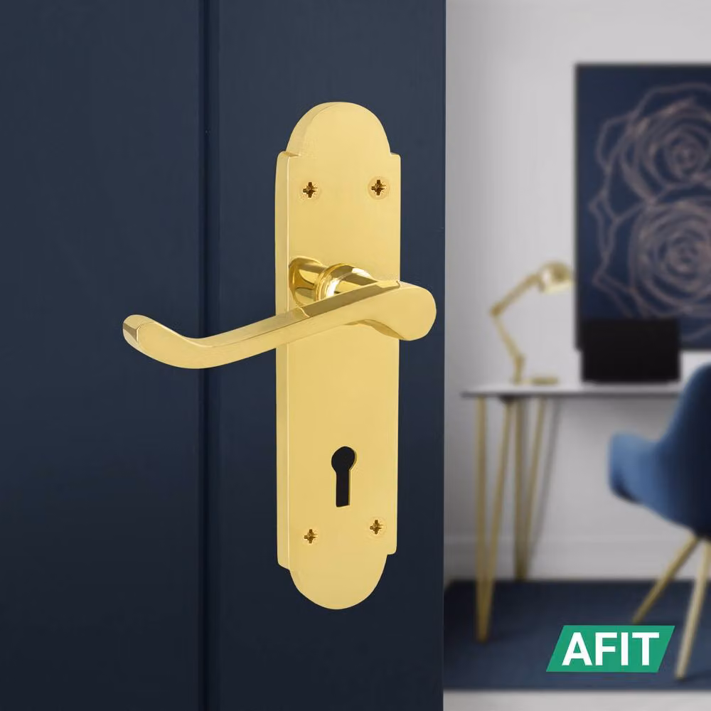 AFIT Polished Brass Door Handle and Lock Set with Gold Hinges, 1 Pair – 3