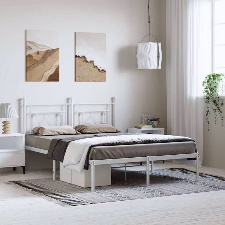 Berkfield Home Metal Bed Frame with Headboard in White W/D/H: 193 x 203 cm