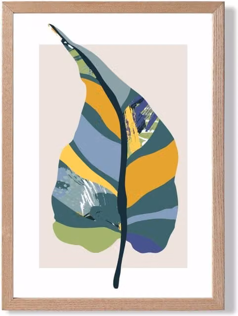 ARTZE Mid Century Modern Tropical Plant Framed Print in Teal, Green and Purple with Oak Wood Frame