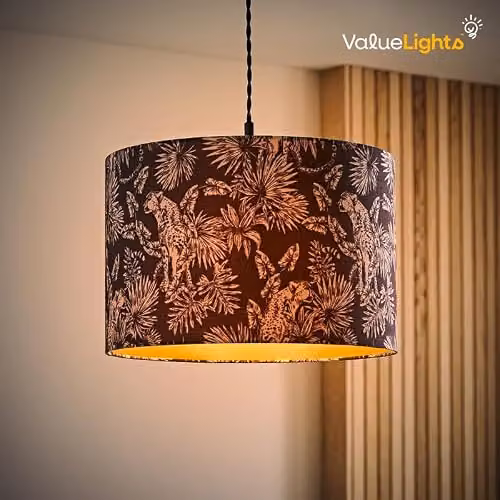 ValueLights Ariella Black Animal Print Cylinder Lamp Shade with Gold Inner Fabric – 3