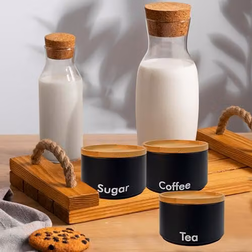 MantraRaj 3-Piece Black Metal Tea, Coffee and Sugar Canister Set with Airtight Bamboo Lids – 5
