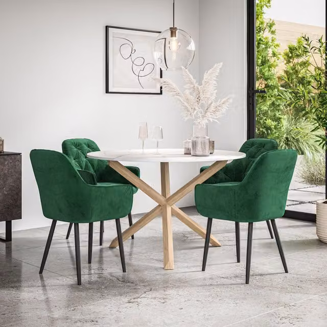 More4Homes Malvern Round Dining Table and Anika Green Velvet Chair Set, Marble Top with Solid Oak Legs, Diameter: 120 cm, Height: 75 cm