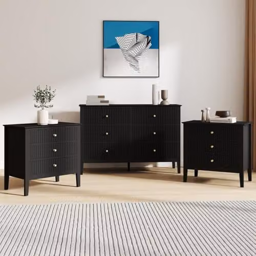 Melody Maison Hales Black Range 6 Drawer Chest of Drawers and Pair of Bedside Tables in Black and Gold