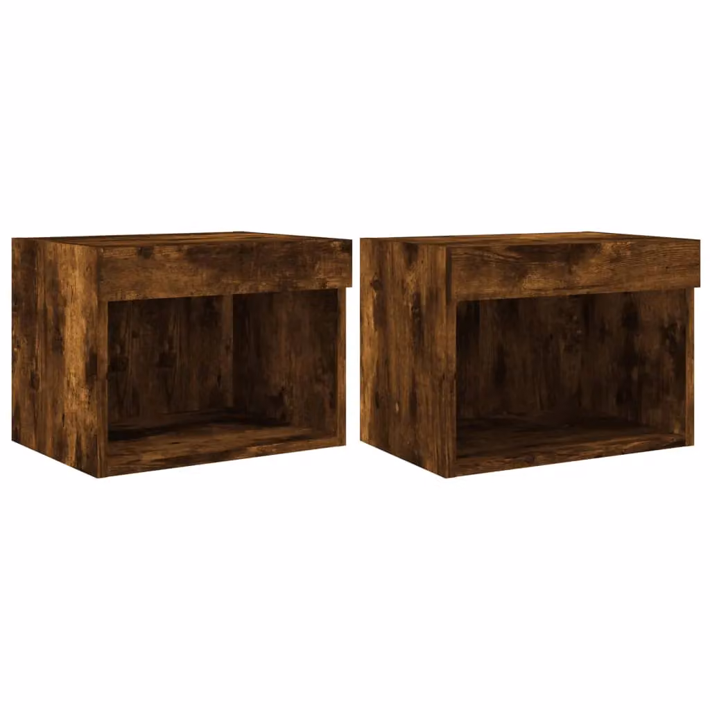Berkfield Home Set of 2 Wall-Mounted Bedside Cabinets with Integrated LED Lights in Smoked Oak Brown – 2