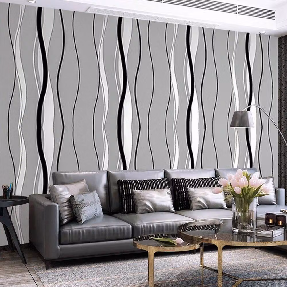 FLAVORA 3D Embossed Wave Vinyl Wallpaper in Silver, Black and Grey, 0.6m2 – 3