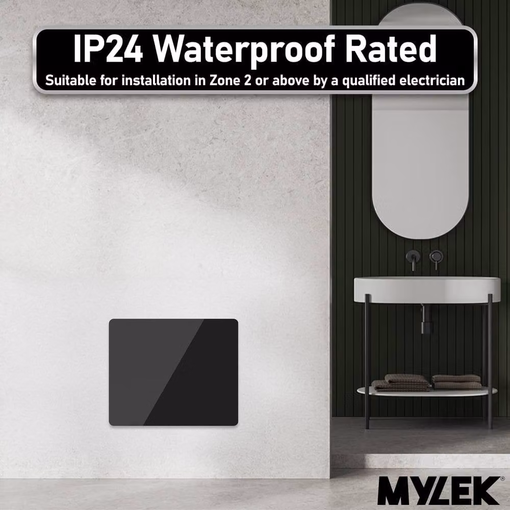 MYLEK 900W Slimline Glass Panel Radiator in Black with Wifi App Control and Thermostat – 7