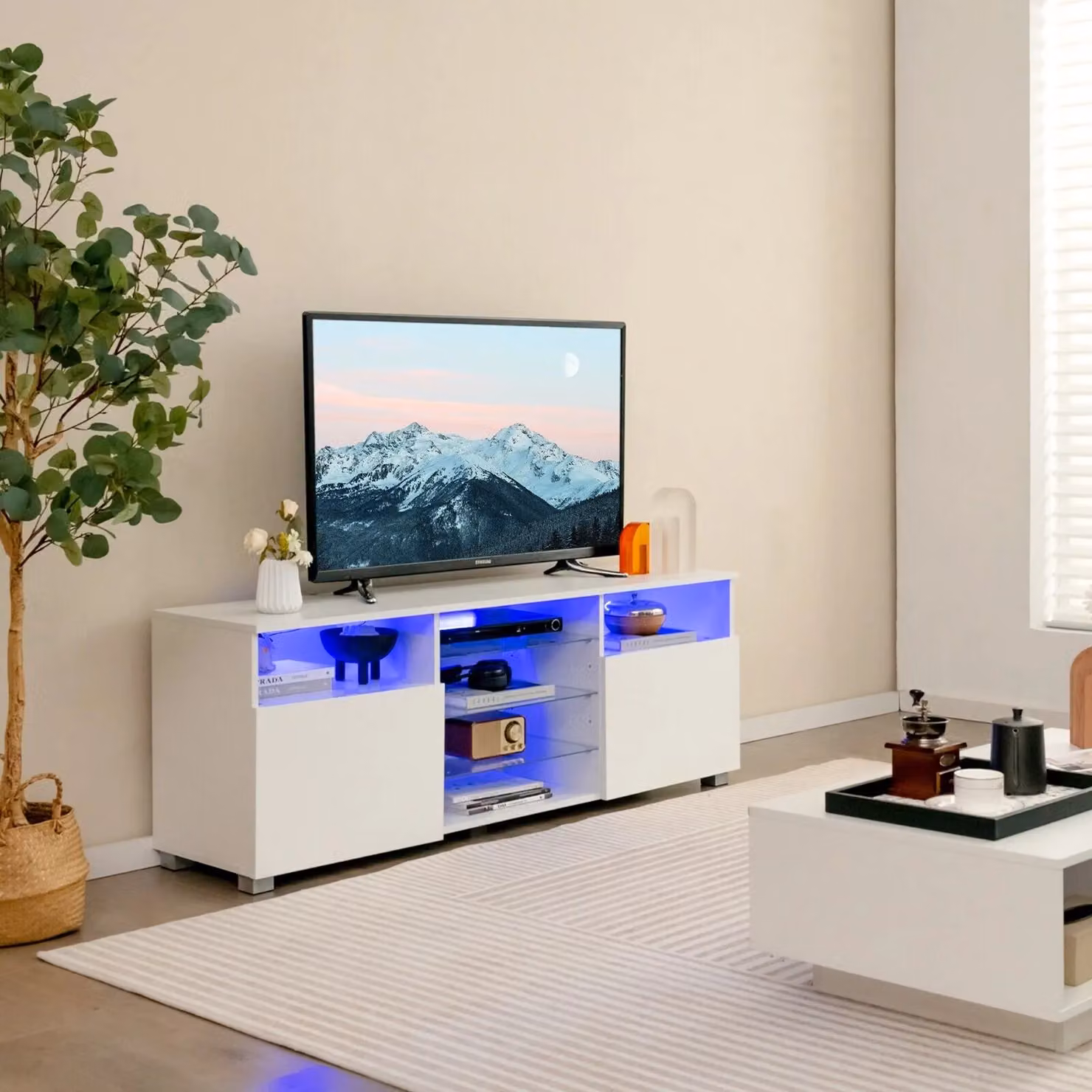 Costway Modern White 2-Door TV Stand with Integrated LED Lights and Glass Details for TVs up to 65 inch – 2
