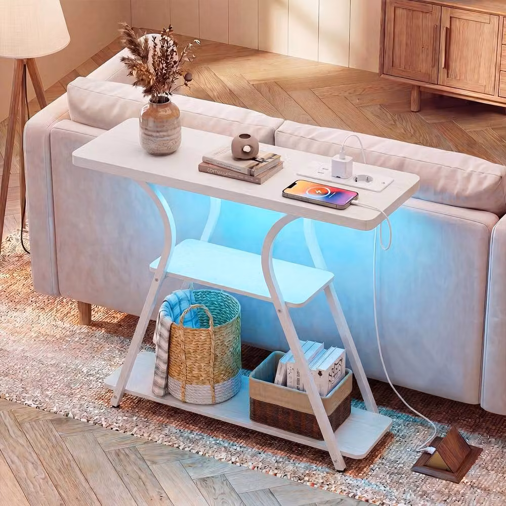 Costway 3-Tier Industrial Console Table with LED Lights and Power Outlets in White – 2