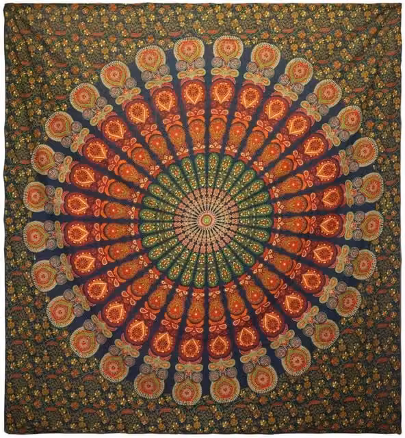 KDMD Peacock Mandala Double Cotton Bedspread and Wall Hanging Set in Green and Multicolour