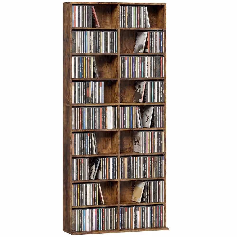 HOMCOM Rustic Brown CD and DVD Storage Unit with 18 Media Compartments and Adjustable Shelves – 2